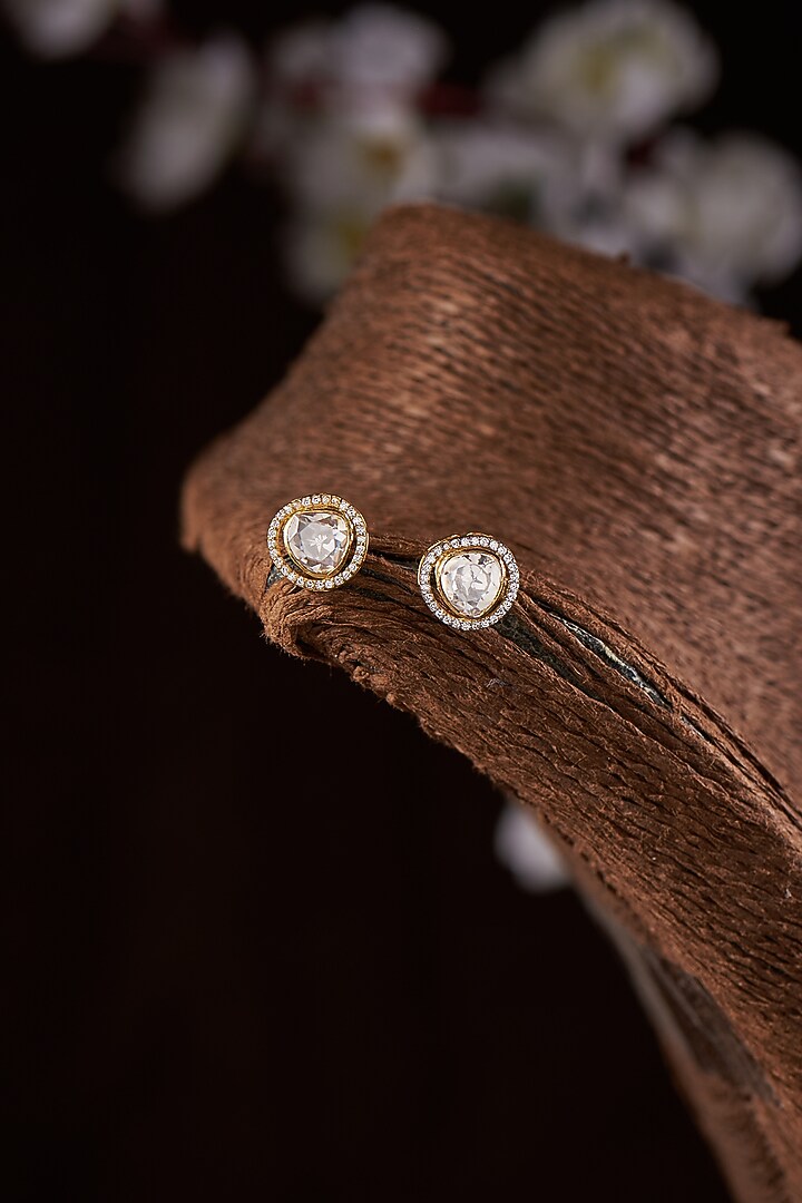 Gold Finish Moissanite Polki Stud Earrings In Sterling Silver by Hunar at Pernia's Pop Up Shop