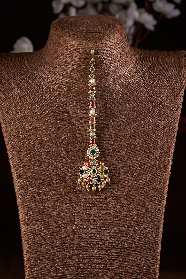 Gold Finish Moissanite Polki & Multi-Colored Stone Maangtikka In Sterling Silver by Hunar at Pernia's Pop Up Shop