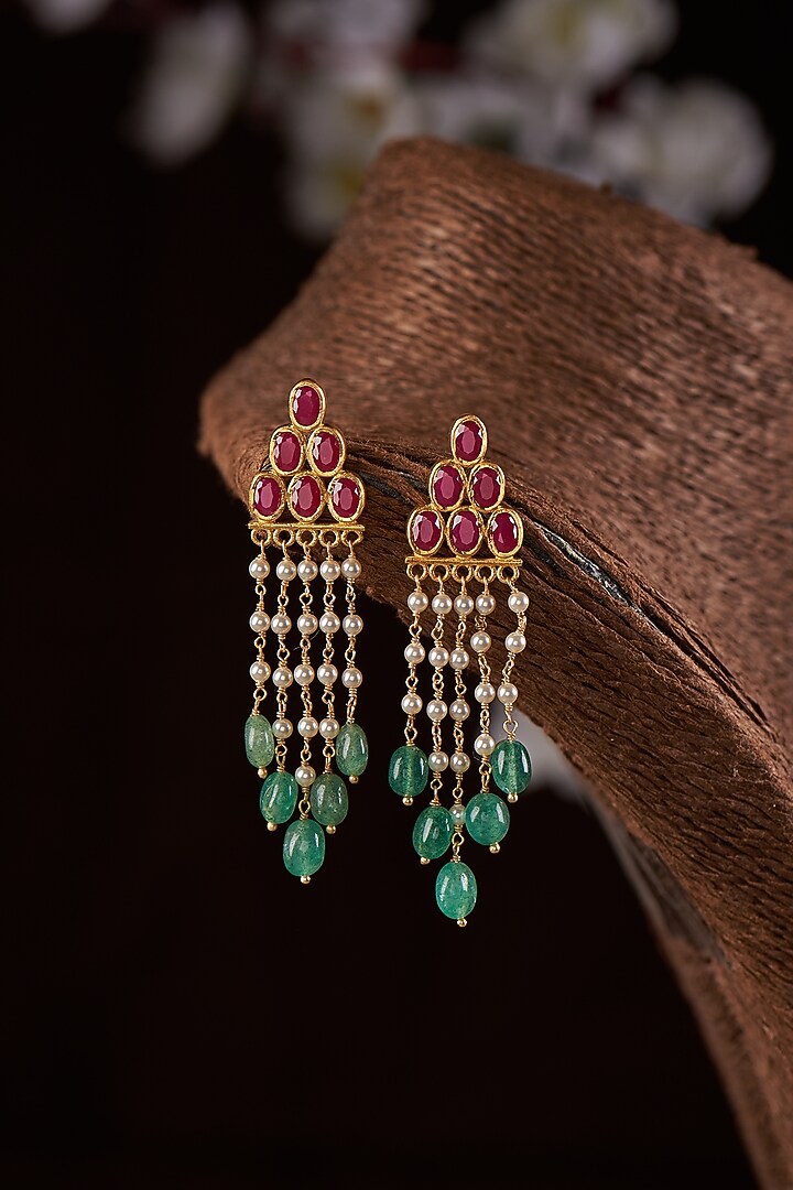 Gold Finish Moissanite Polki & Red Stone Dangler Earrings In Sterling Silver by Hunar at Pernia's Pop Up Shop