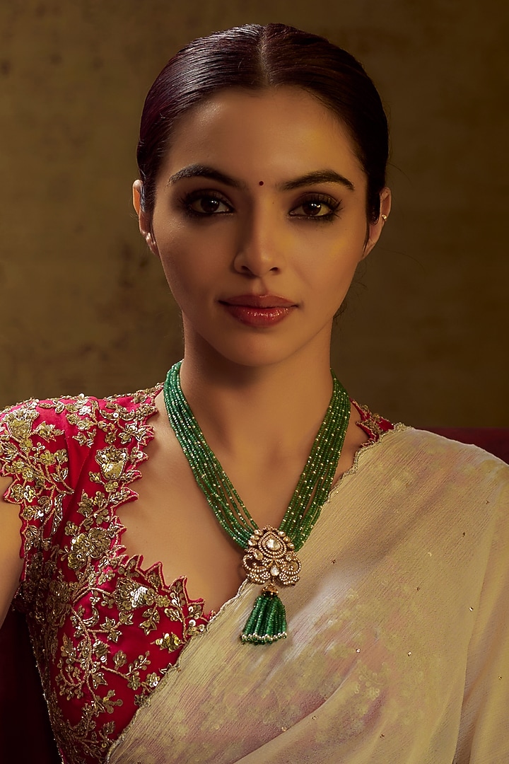 Black Rhodium Finish Moissanite Polki & Green Stone Long Necklace In Sterling Silver by Hunar at Pernia's Pop Up Shop