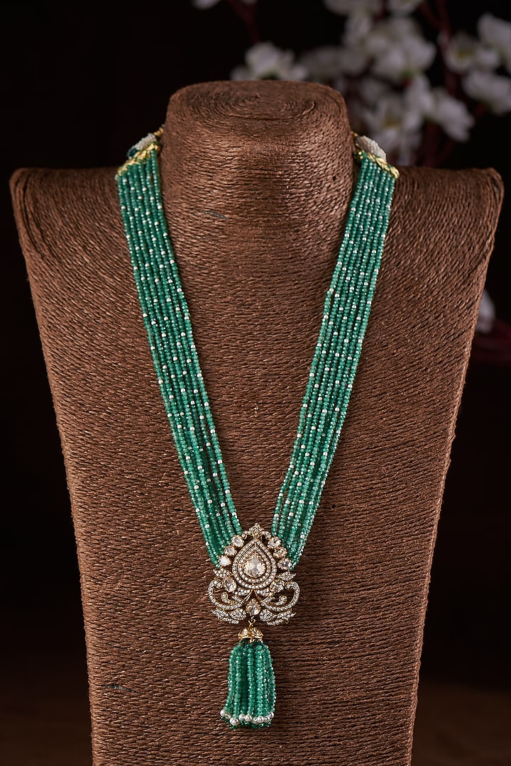 Black Rhodium Finish Moissanite Polki & Green Stone Long Necklace In Sterling Silver by Hunar at Pernia's Pop Up Shop
