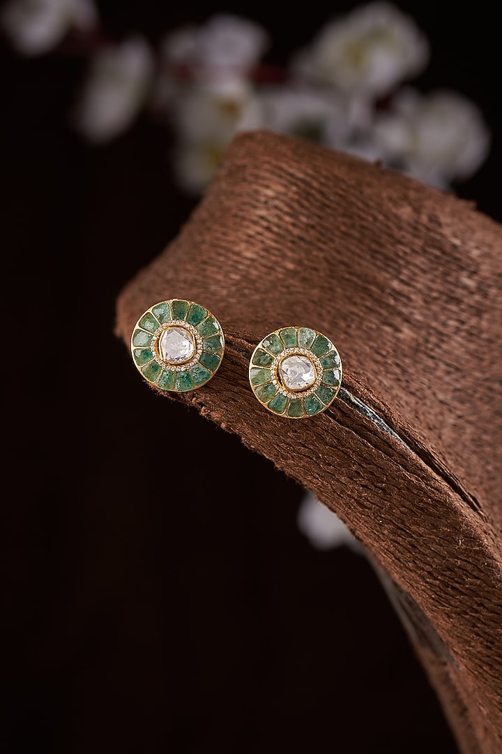 Gold Finish Moissanite Polki & Green Stone Stud Earrings In Sterling Silver by Hunar at Pernia's Pop Up Shop