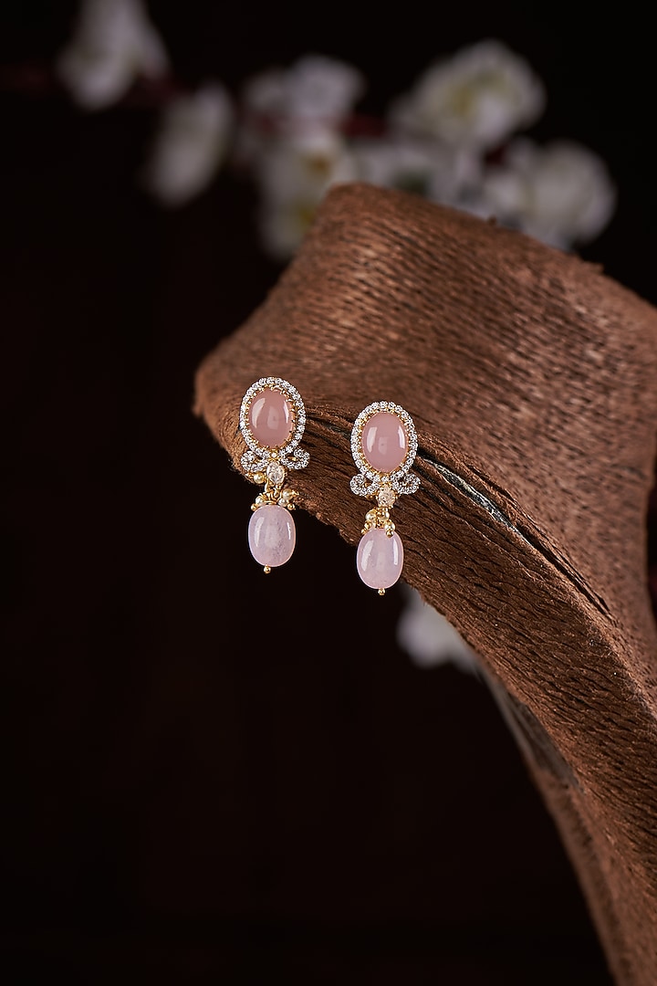 Gold Finish Moissanite Polki & Pink Stone Dangler Earrings In Sterling Silver by Hunar at Pernia's Pop Up Shop