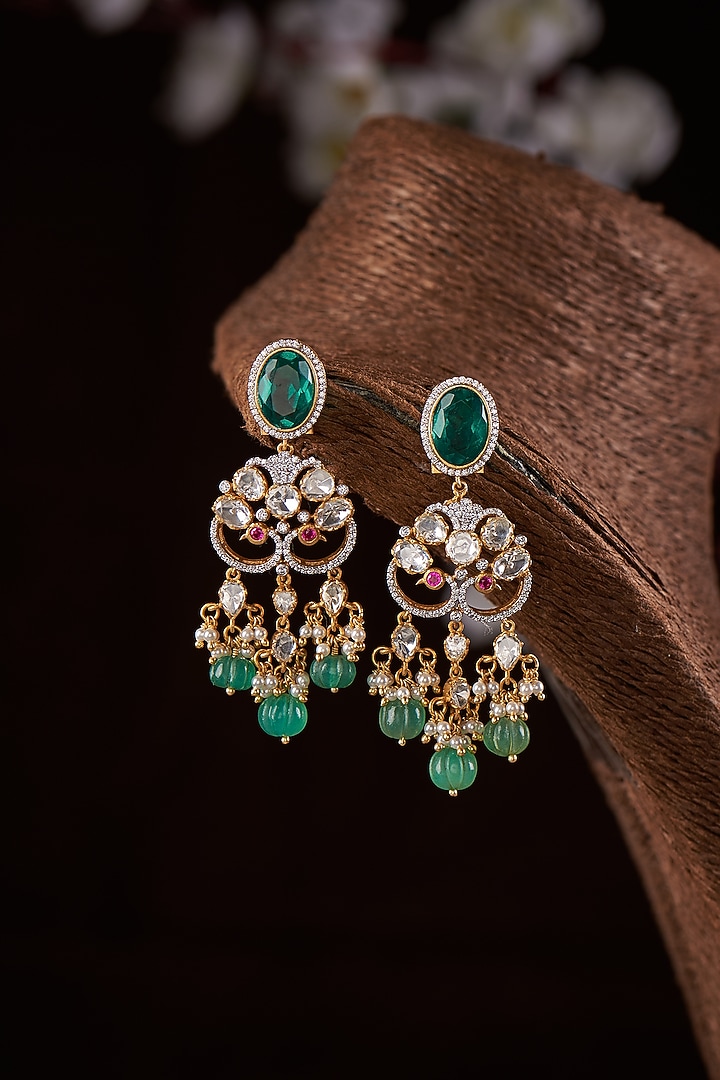 Gold Finish Moissanite Polki & Green Stone Dangler Earrings In Sterling Silver by Hunar at Pernia's Pop Up Shop