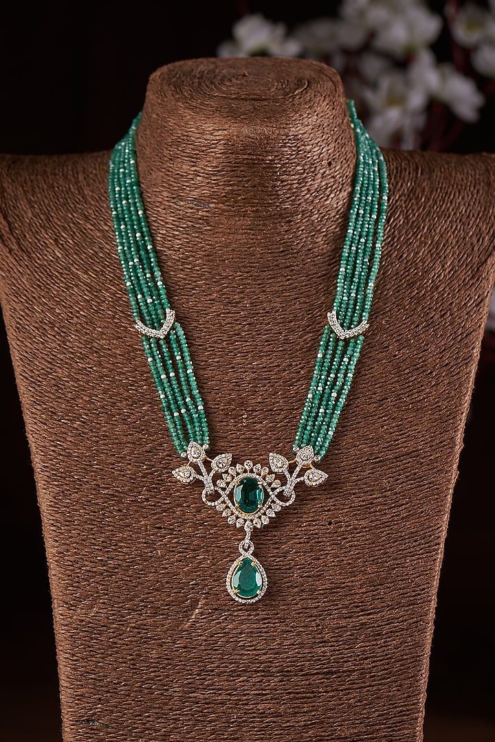 Gold Finish Moissanite Polki & Green Stone Long Necklace In Sterling Silver by Hunar at Pernia's Pop Up Shop