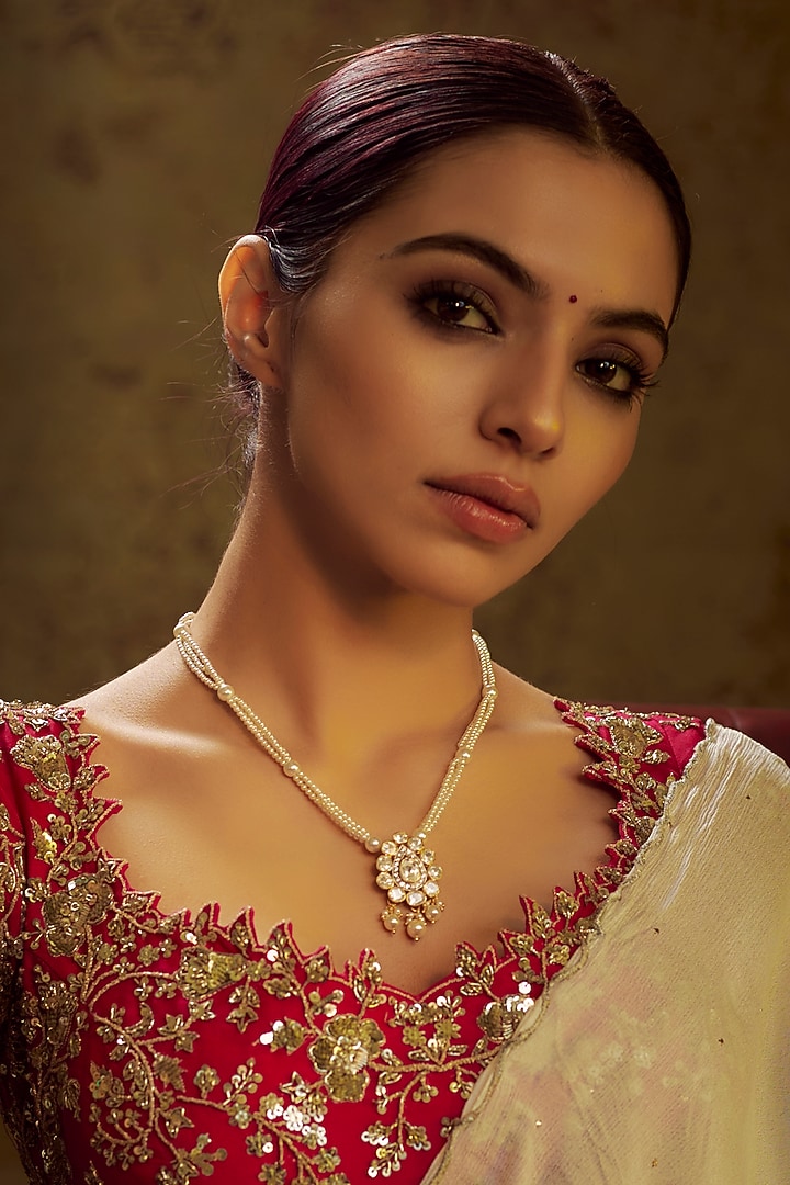 Gold Finish Moissanite Polki & Pearl Long Necklace In Sterling Silver by Hunar at Pernia's Pop Up Shop