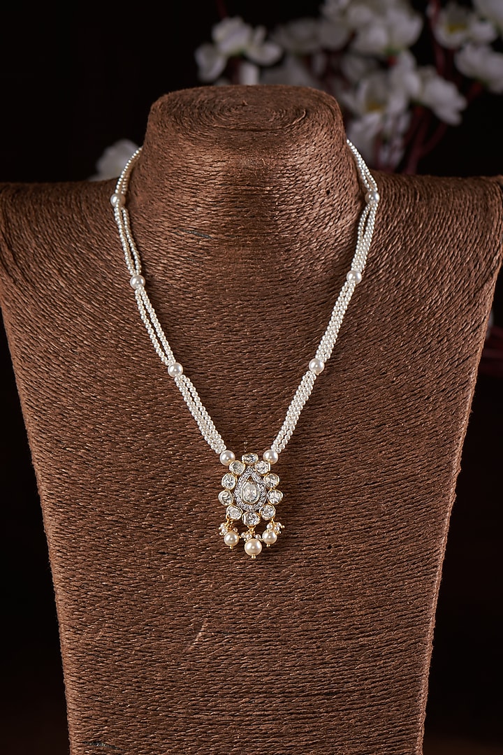 Gold Finish Moissanite Polki & Pearl Long Necklace In Sterling Silver by Hunar at Pernia's Pop Up Shop