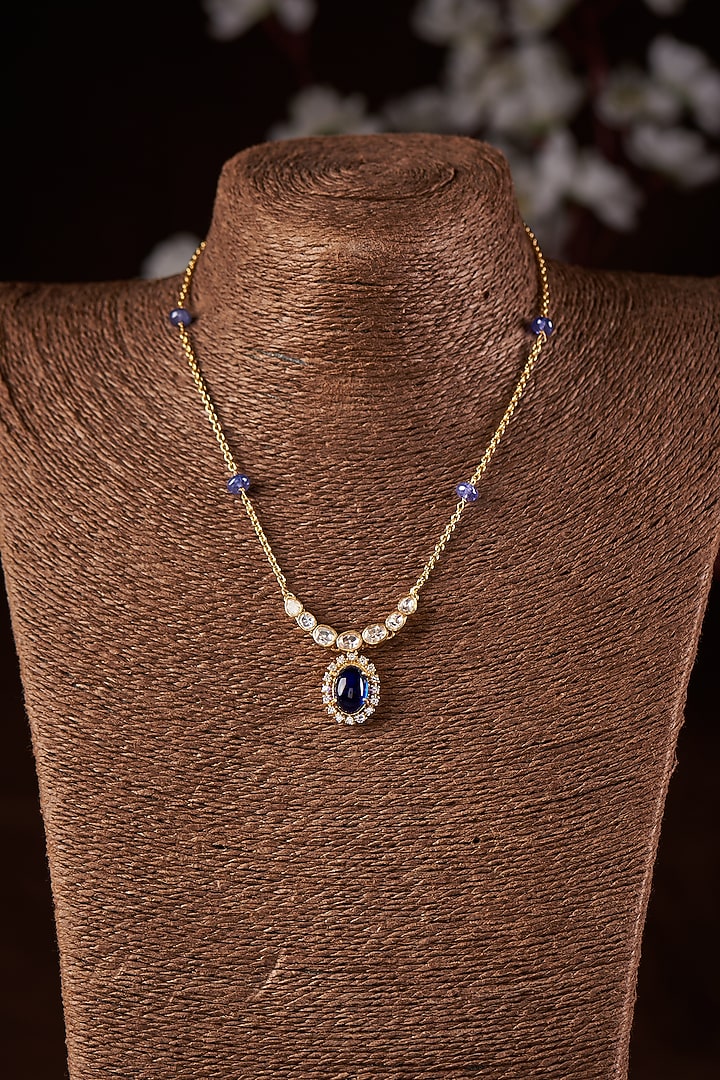 Gold Finish Moissanite Polki & Blue Stone Necklace In Sterling Silver by Hunar at Pernia's Pop Up Shop