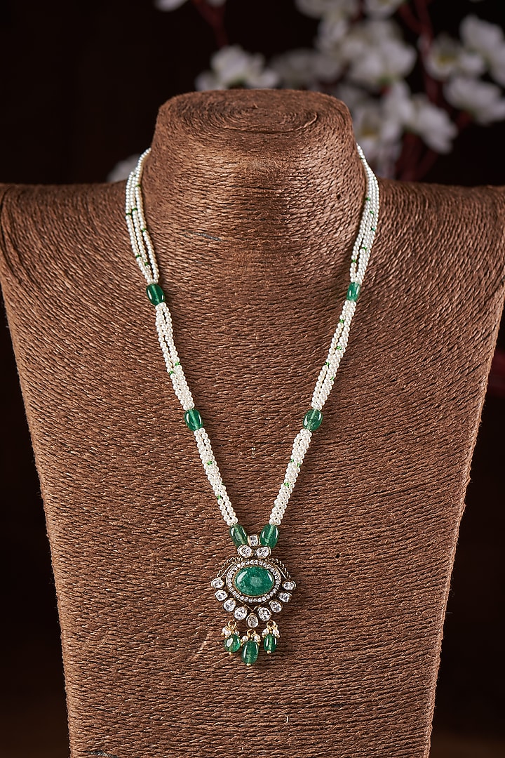 Black Rhodium Finish Moissanite Polki & Green Stone Long Necklace In Sterling Silver by Hunar at Pernia's Pop Up Shop