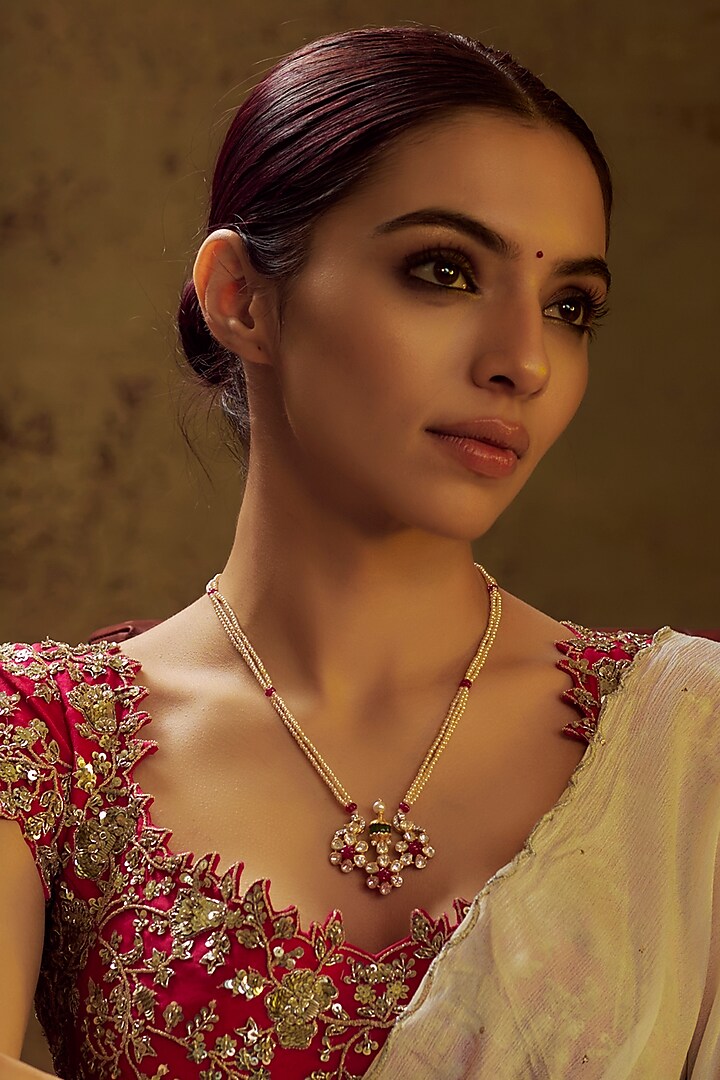 Gold Finish Moissanite Polki & Red Stone Necklace In Sterling Silver by Hunar at Pernia's Pop Up Shop