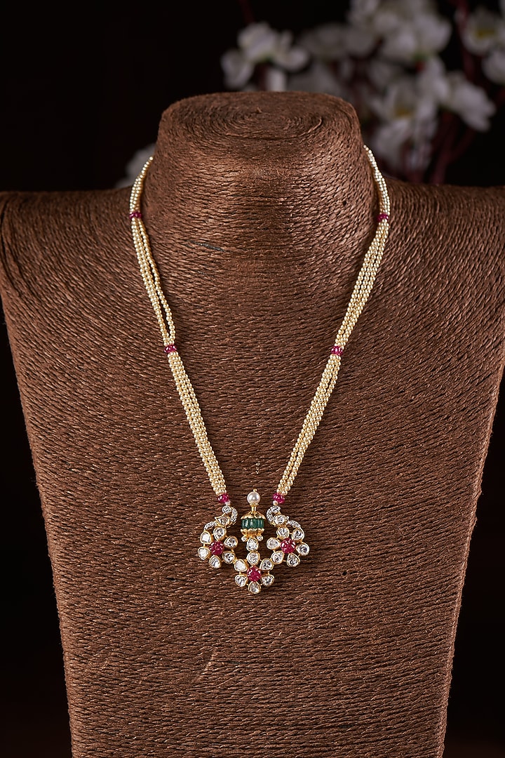 Gold Finish Moissanite Polki & Red Stone Necklace In Sterling Silver by Hunar at Pernia's Pop Up Shop