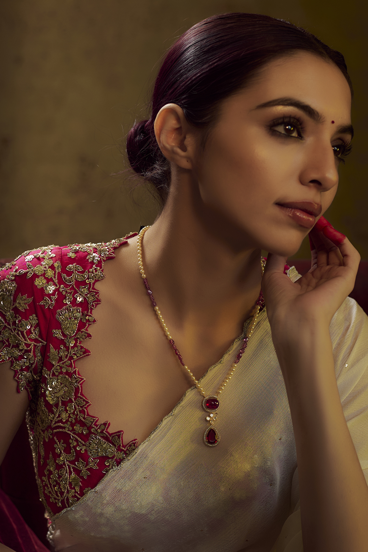 Gold Finish Moissanite Polki & Red Stone Necklace In Sterling Silver by Hunar at Pernia's Pop Up Shop