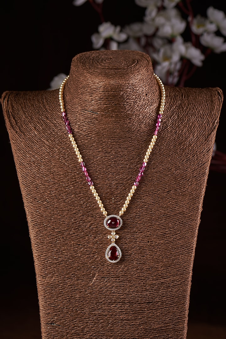 Gold Finish Moissanite Polki & Red Stone Necklace In Sterling Silver by Hunar at Pernia's Pop Up Shop