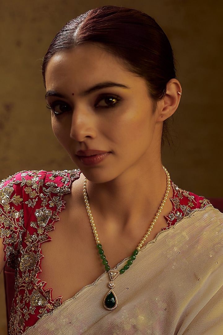 Gold Finish Moissanite Polki & Green Stone Long Necklace In Sterling Silver by Hunar at Pernia's Pop Up Shop
