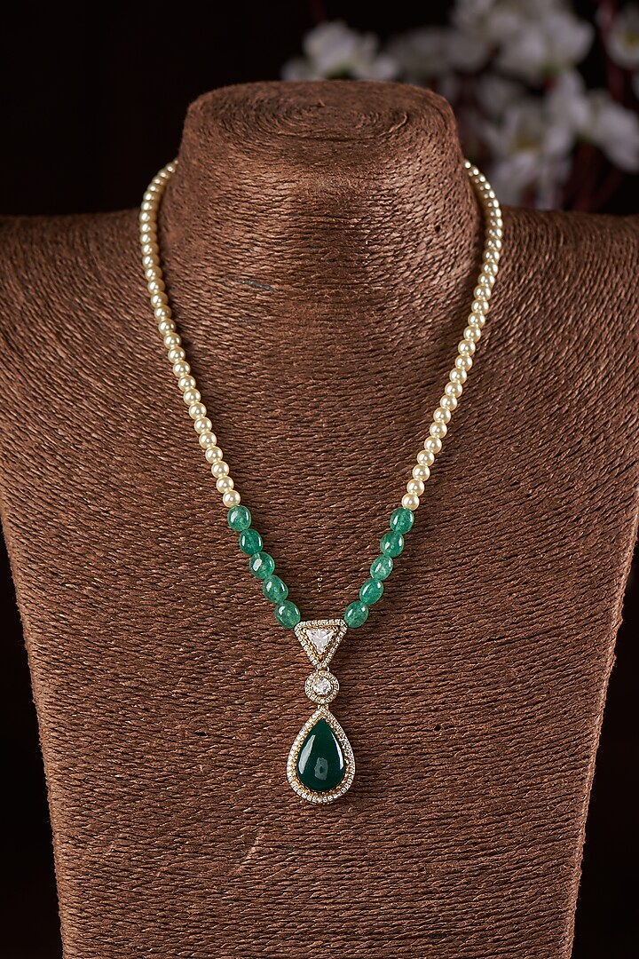 Gold Finish Moissanite Polki & Green Stone Long Necklace In Sterling Silver by Hunar at Pernia's Pop Up Shop