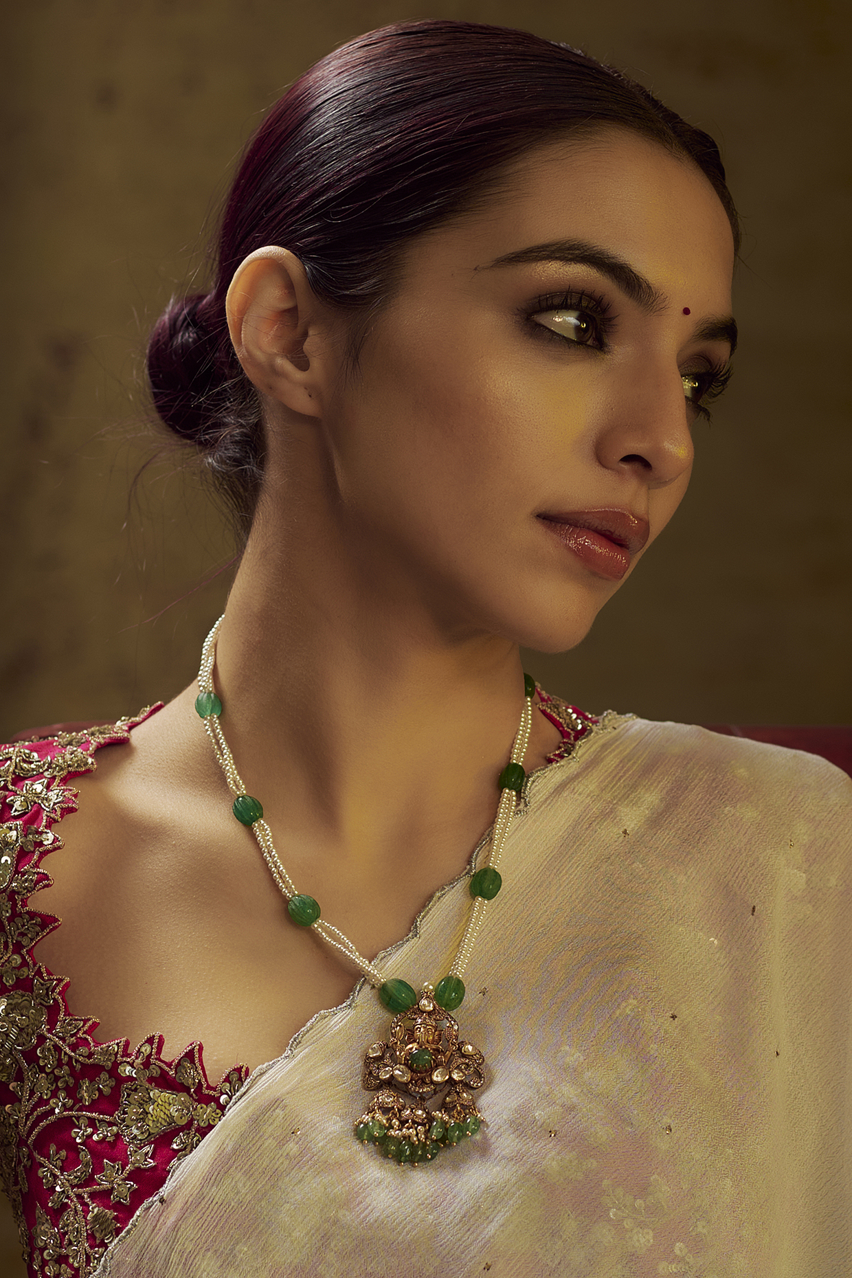 Gold Finish Moissanite Polki & Green Stone Long Necklace In Sterling Silver by Hunar at Pernia's Pop Up Shop