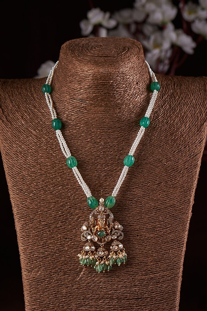 Gold Finish Moissanite Polki & Green Stone Long Necklace In Sterling Silver by Hunar at Pernia's Pop Up Shop