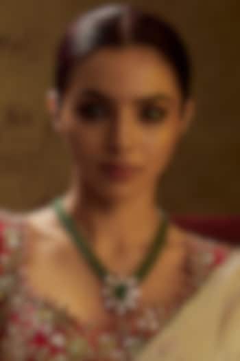 Gold Finish Moissanite Polki & Green Stone Long Necklace In Sterling Silver by Hunar at Pernia's Pop Up Shop