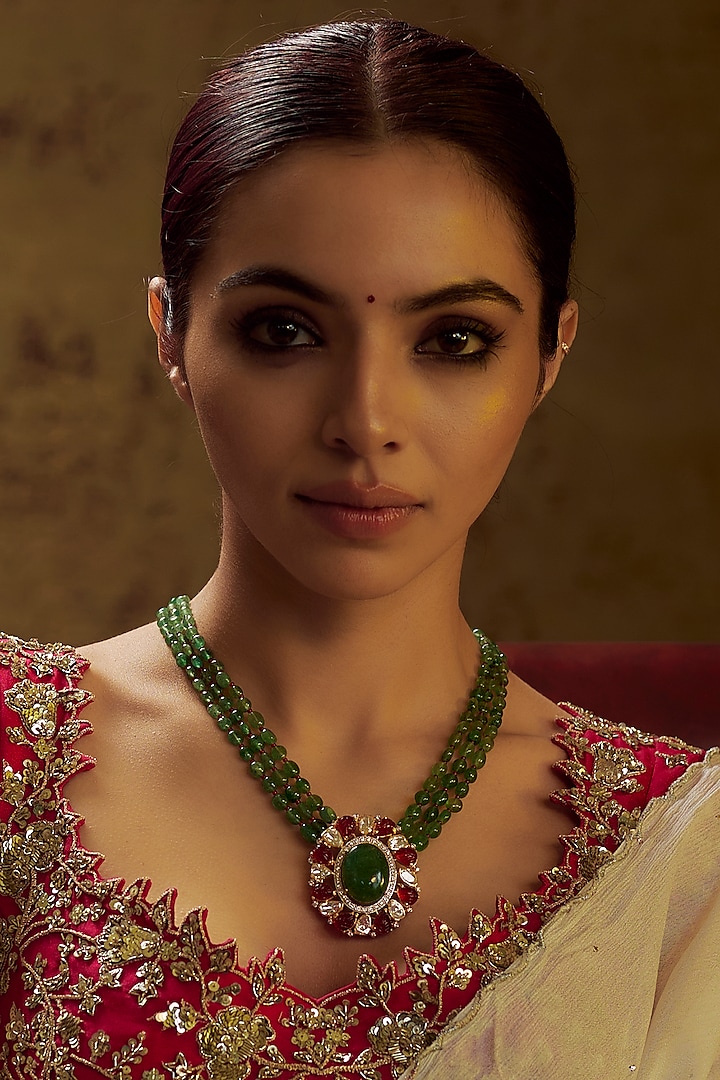 Gold Finish Moissanite Polki & Green Stone Long Necklace In Sterling Silver by Hunar at Pernia's Pop Up Shop