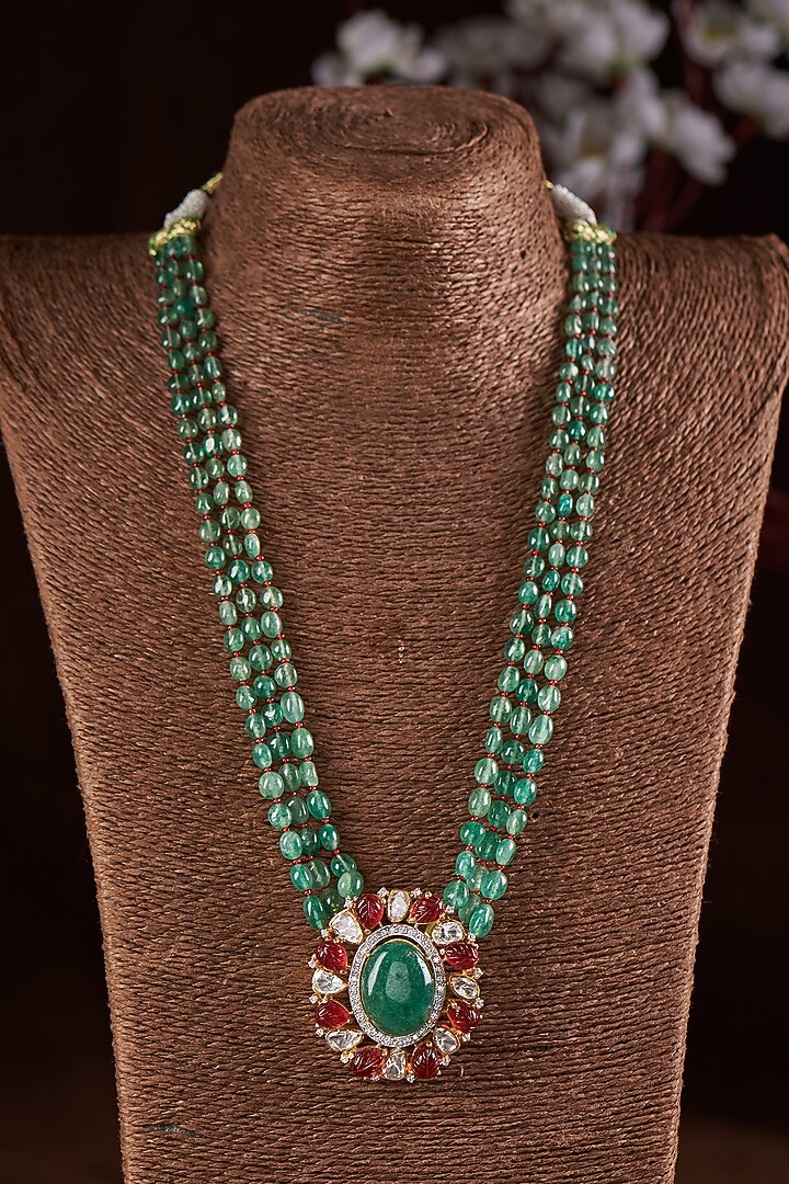 Gold Finish Moissanite Polki & Green Stone Long Necklace In Sterling Silver by Hunar at Pernia's Pop Up Shop