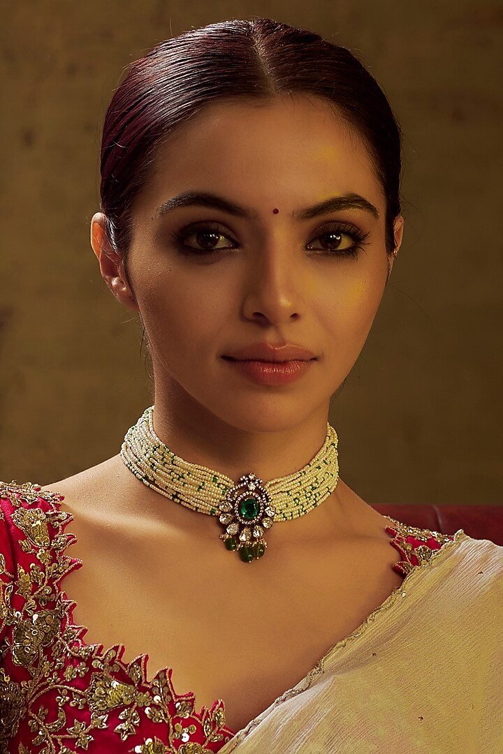 Black Rhodium Finish Moissanite Polki & Green Stone Choker Necklace In Sterling Silver by Hunar at Pernia's Pop Up Shop