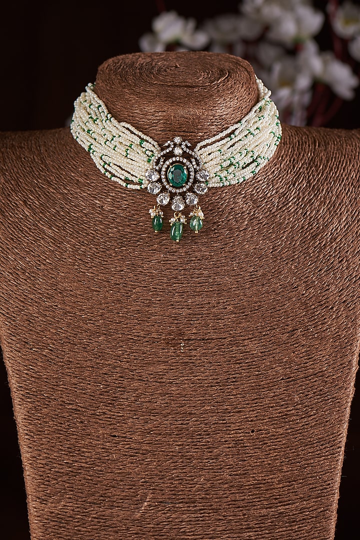 Black Rhodium Finish Moissanite Polki & Green Stone Choker Necklace In Sterling Silver by Hunar at Pernia's Pop Up Shop
