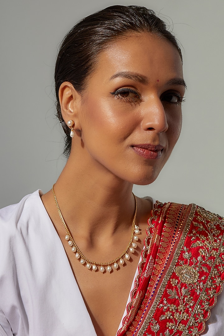 Gold Finish Moissanite Polki & Pearl Necklace Set In Sterling Silver by Hunar at Pernia's Pop Up Shop