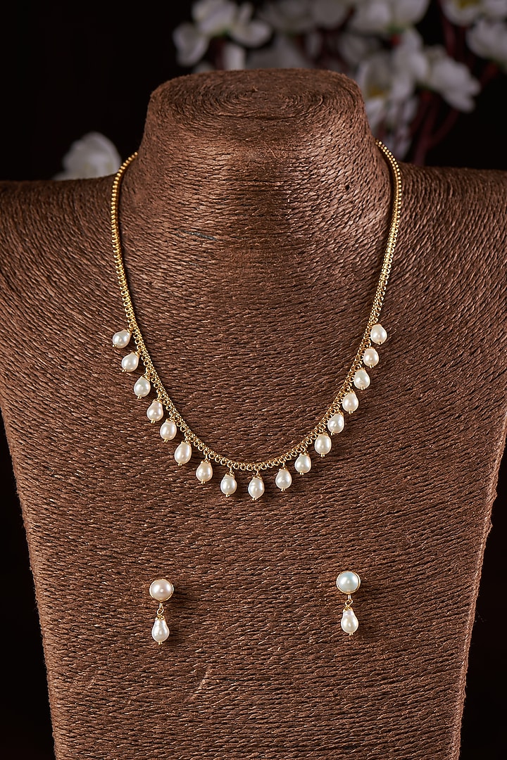Gold Finish Moissanite Polki & Pearl Necklace Set In Sterling Silver by Hunar at Pernia's Pop Up Shop
