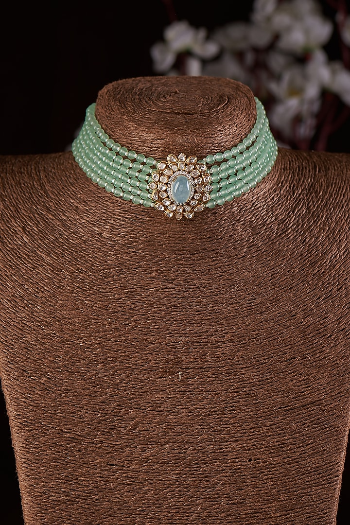 Gold Finish Moissanite Polki & Green Stone Choker Necklace In Sterling Silver by Hunar at Pernia's Pop Up Shop