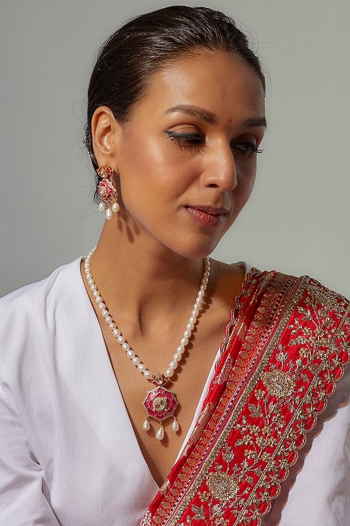 Gold Finish Moissanite Polki & Synthetic Red Stone Necklace Set In Sterling Silver by Hunar at Pernia's Pop Up Shop