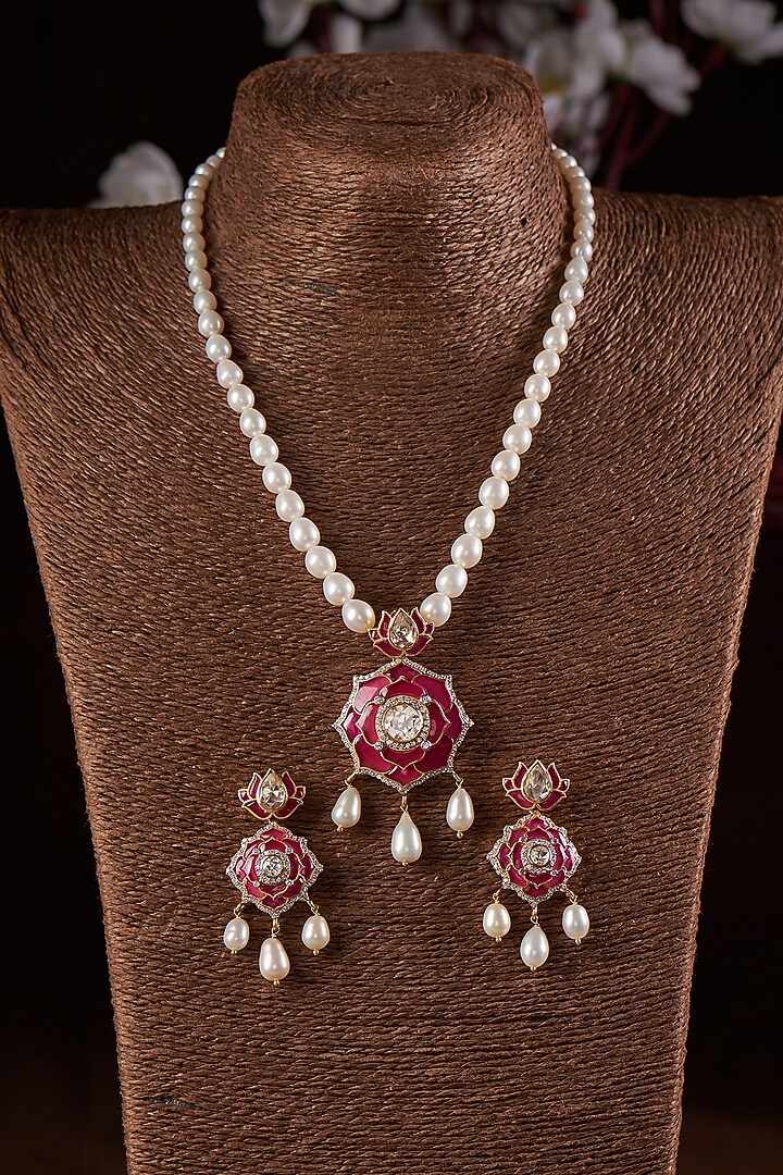 Gold Finish Moissanite Polki & Synthetic Red Stone Necklace Set In Sterling Silver by Hunar at Pernia's Pop Up Shop