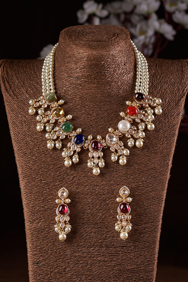 Gold Finish Moissanite Polki & Multi-Colored Stone Necklace Set In Sterling Silver by Hunar at Pernia's Pop Up Shop