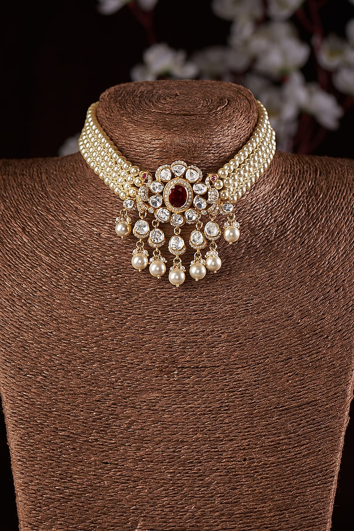 Gold Finish Moissanite Polki & Red Stone Choker Necklace In Sterling Silver by Hunar at Pernia's Pop Up Shop
