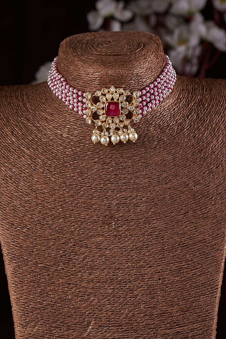Gold Finish Moissanite Polki & Red Stone Choker Necklace In Sterling Silver by Hunar at Pernia's Pop Up Shop