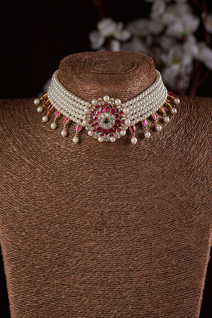 Gold Finish Moissanite Polki & Pearl Choker Necklace In Sterling Silver by Hunar at Pernia's Pop Up Shop