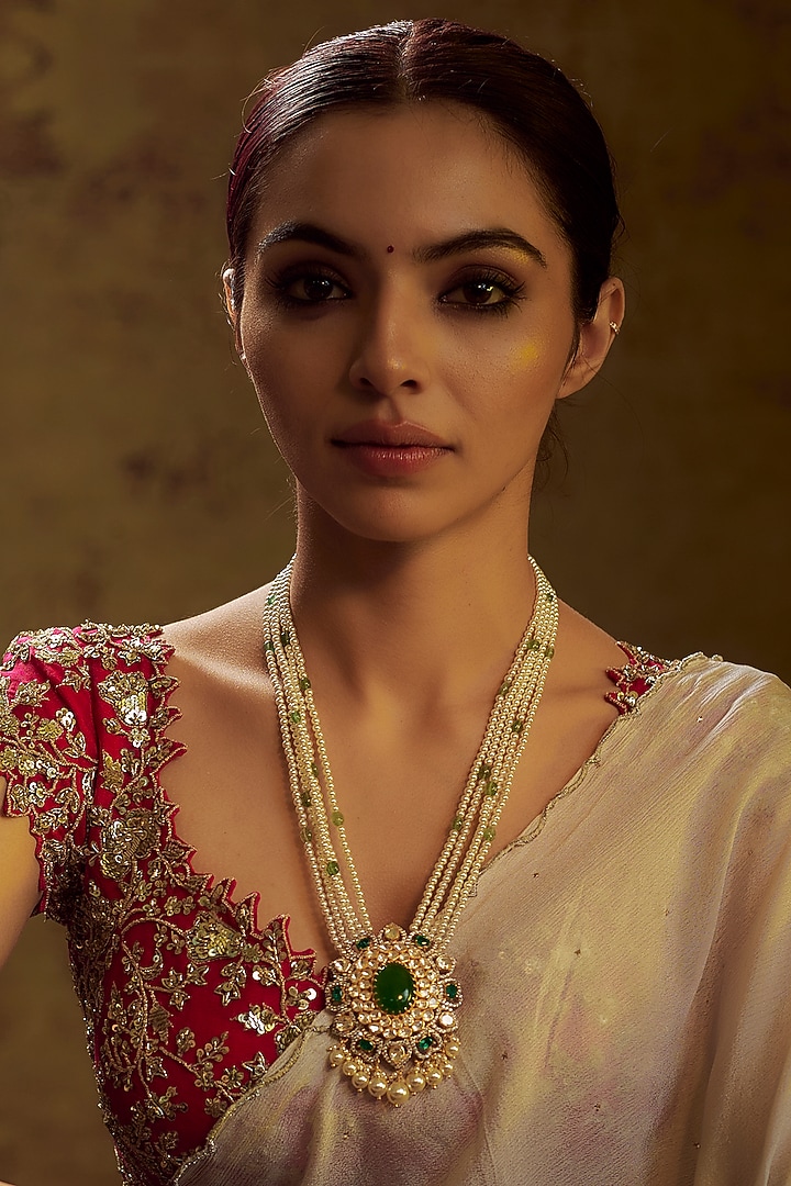 Gold Finish Moissanite Polki & Pearl Long Necklace In Sterling Silver by Hunar at Pernia's Pop Up Shop