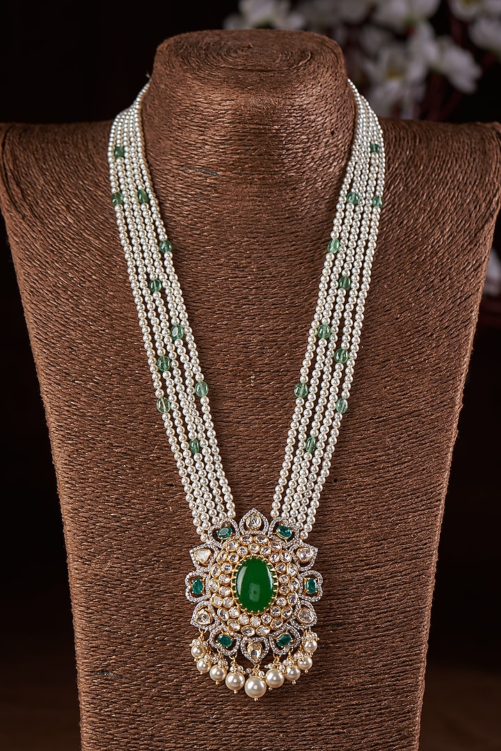 Gold Finish Moissanite Polki & Pearl Long Necklace In Sterling Silver by Hunar at Pernia's Pop Up Shop
