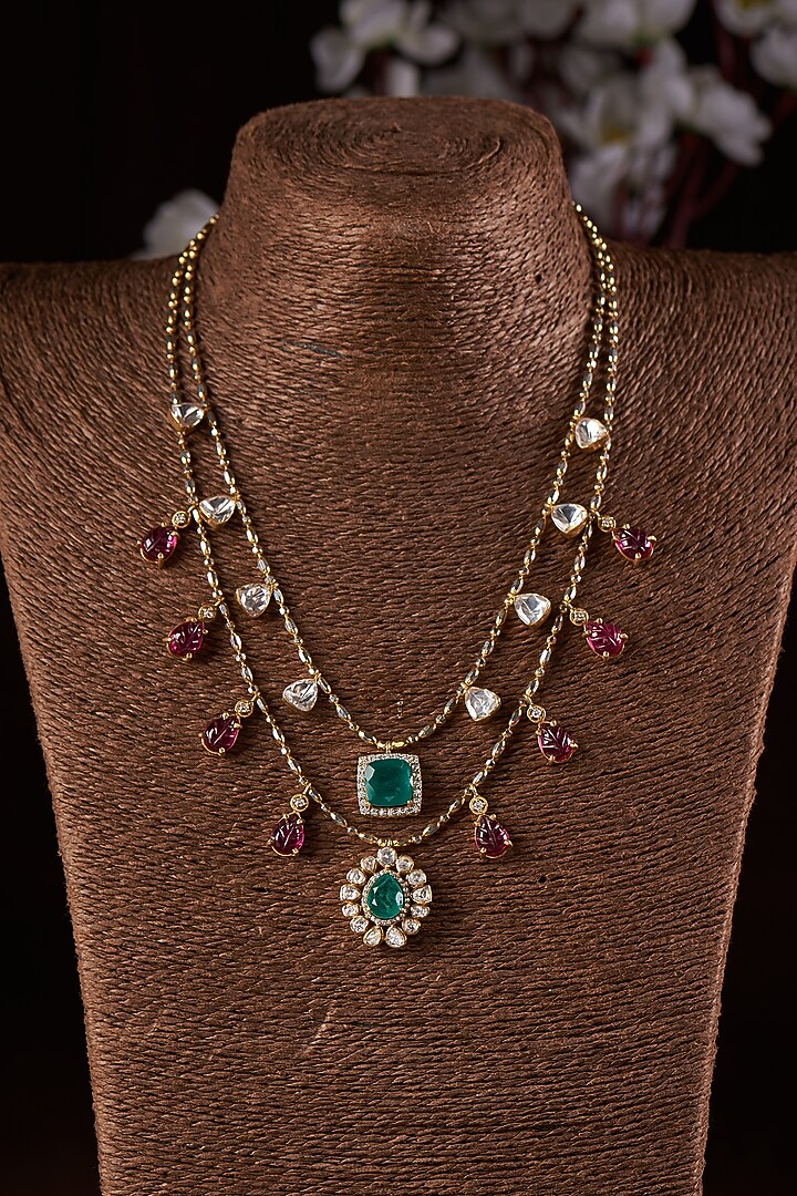 Gold Finish Moissanite Polki & Stone Layered Necklace In Sterling Silver by Hunar at Pernia's Pop Up Shop