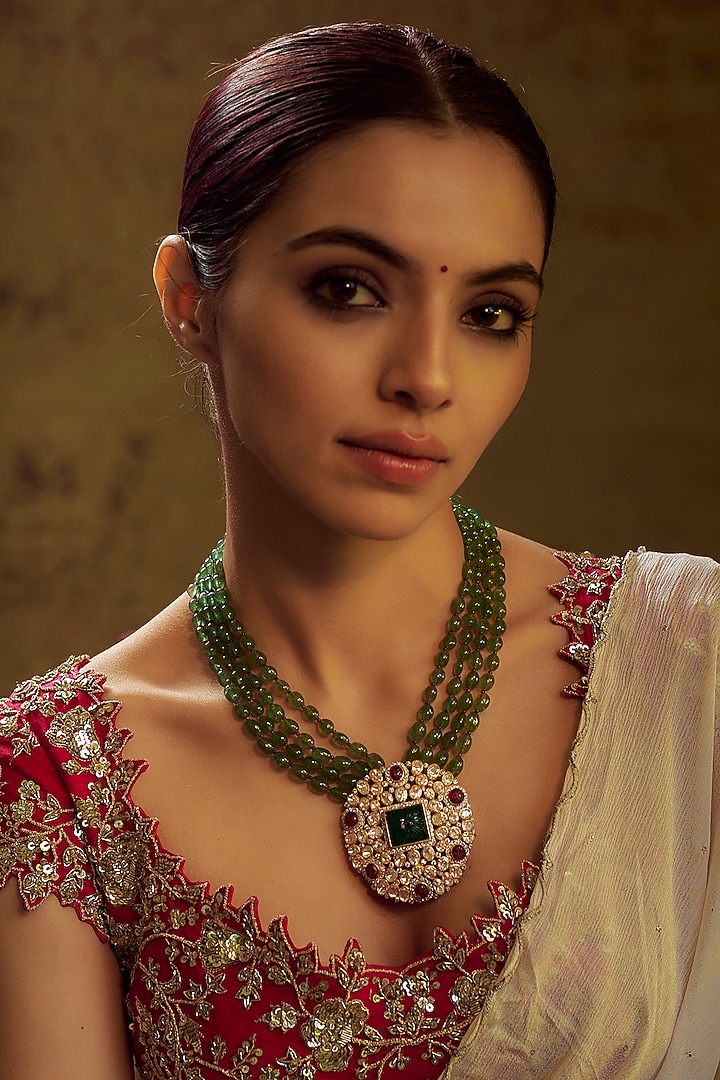 Gold Finish Moissanite Polki & Stone Long Necklace In Sterling Silver by Hunar at Pernia's Pop Up Shop