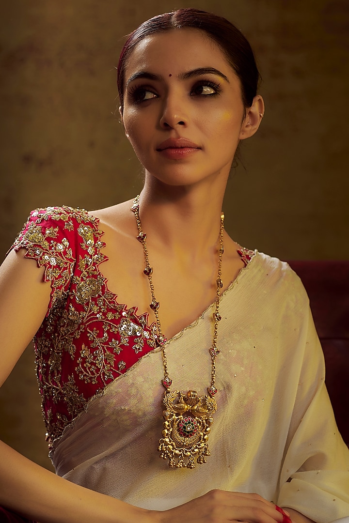 Gold Finish Moissanite Polki Temple Necklace In Sterling Silver by Hunar at Pernia's Pop Up Shop