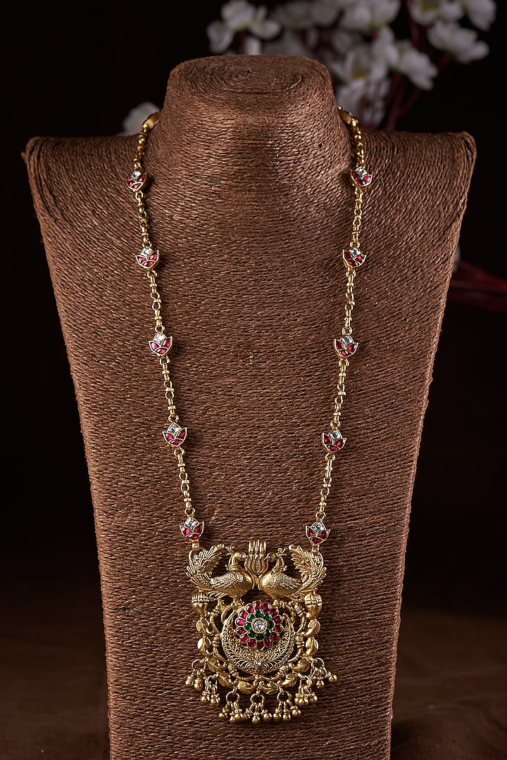 Gold Finish Moissanite Polki Temple Necklace In Sterling Silver by Hunar at Pernia's Pop Up Shop