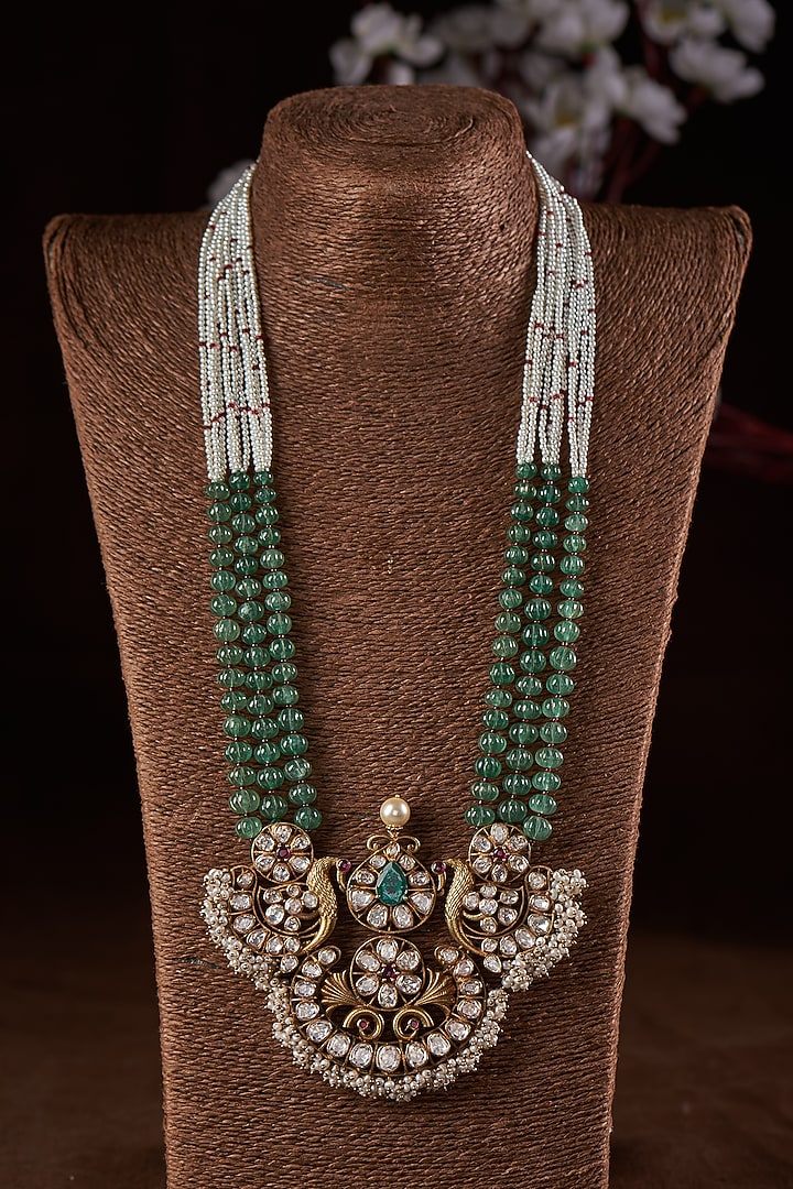 Gold Finish Moissanite Polki & Green Stone Long Necklace In Sterling Silver by Hunar at Pernia's Pop Up Shop