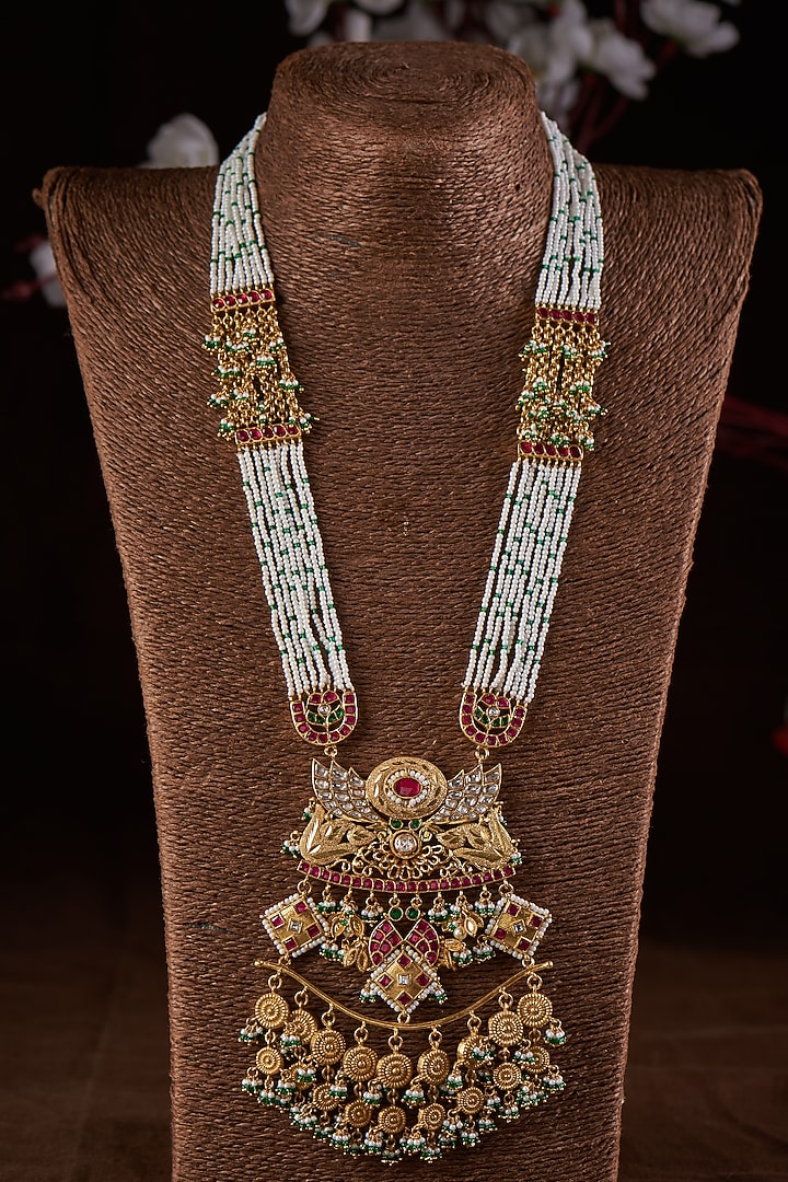 Gold Finish Moissanite Polki & Pearl Long Necklace In Sterling Silver by Hunar at Pernia's Pop Up Shop