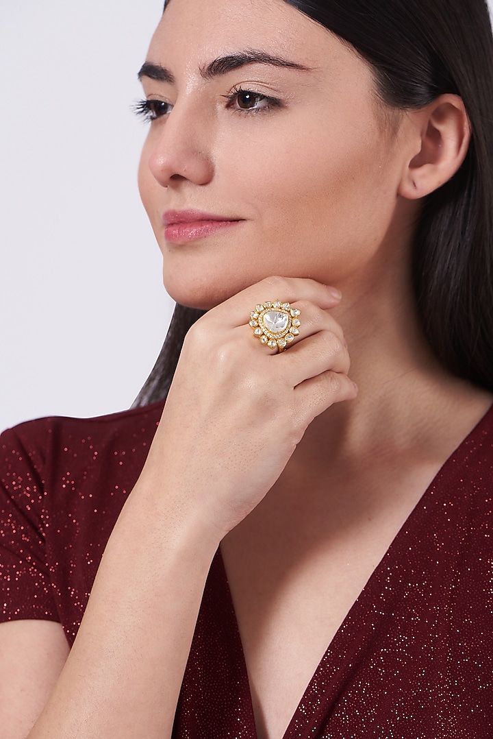Gold Finish Moissanite Polki Ring In Sterling Silver by Hunar at Pernia's Pop Up Shop