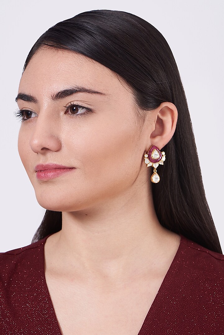Gold Finish Moissanite Polki Earrings In Sterling Silver by Hunar at Pernia's Pop Up Shop