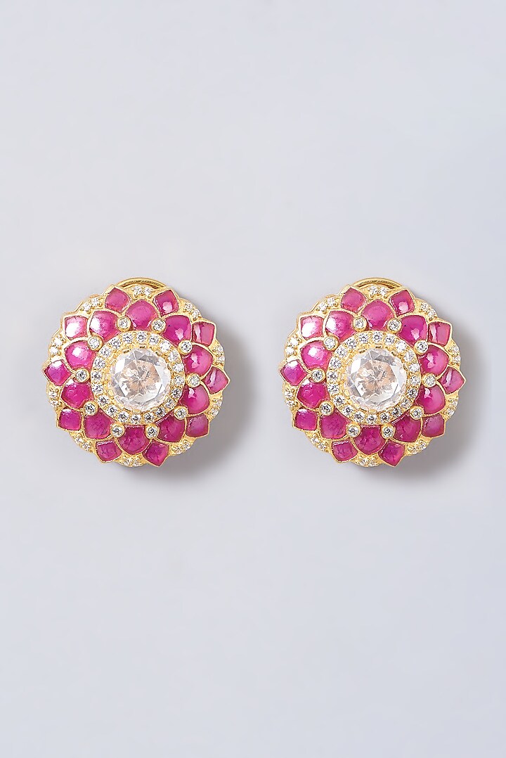 Gold Finish Moissanite Polki Stud Earrings In Sterling Silver by Hunar at Pernia's Pop Up Shop