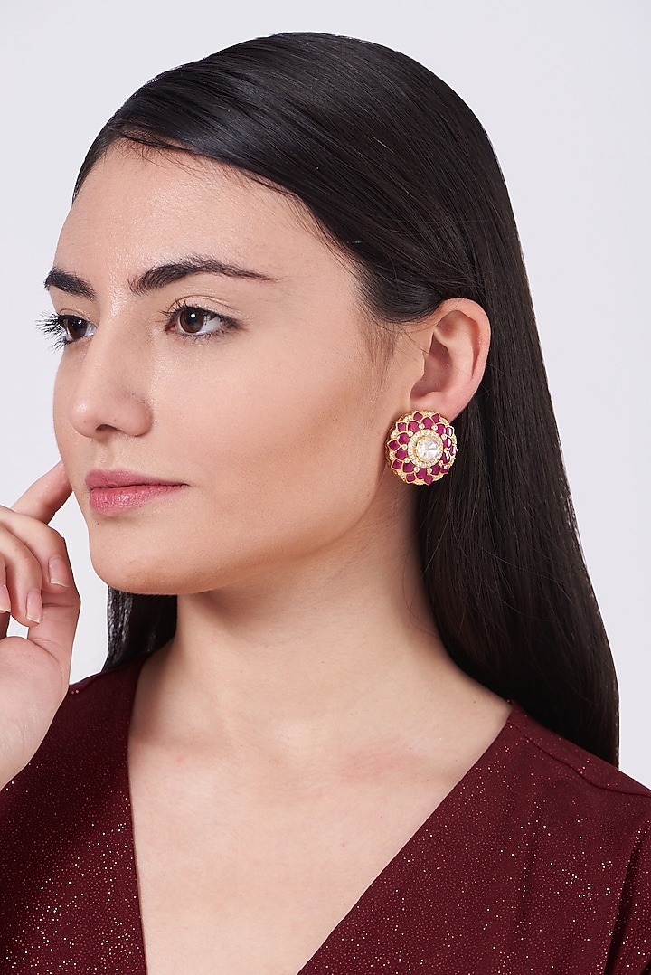 Gold Finish Moissanite Polki Stud Earrings In Sterling Silver by Hunar at Pernia's Pop Up Shop