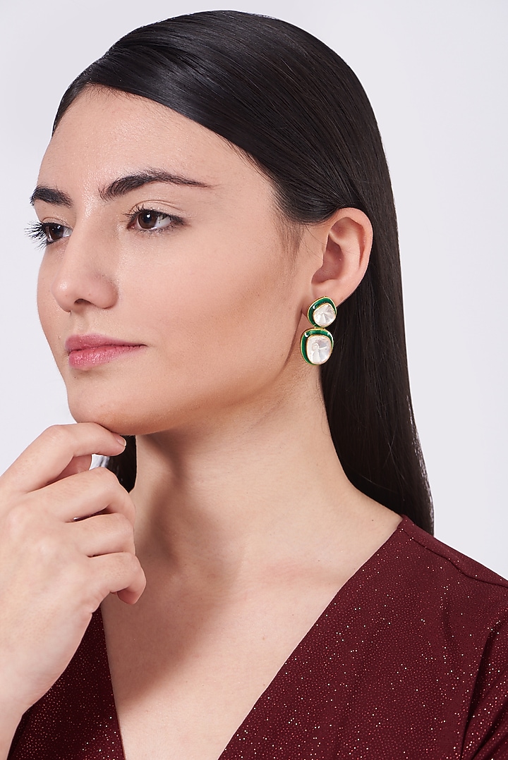 Gold Finish Earrings With Moissanite Polki In Sterling Silver by Hunar at Pernia's Pop Up Shop