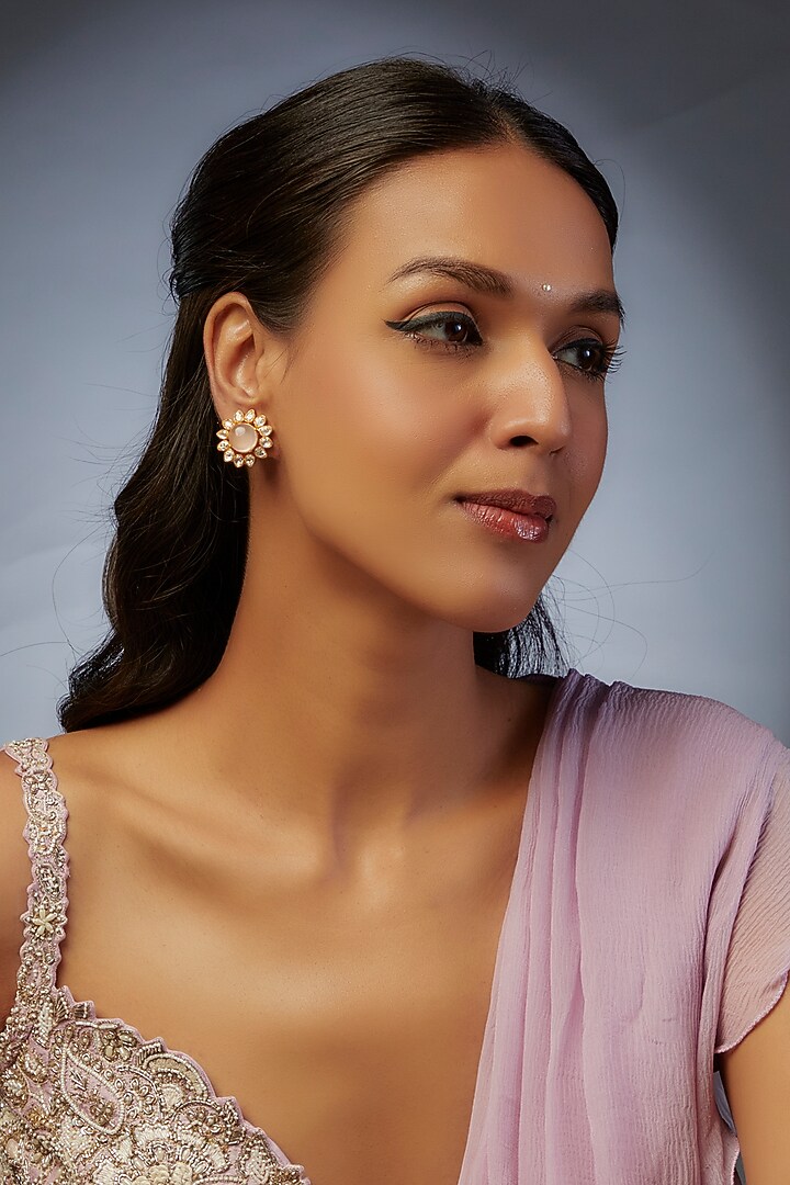 Gold Finish Moissanite Polki Stud Earrings In Sterling Silver by Hunar at Pernia's Pop Up Shop