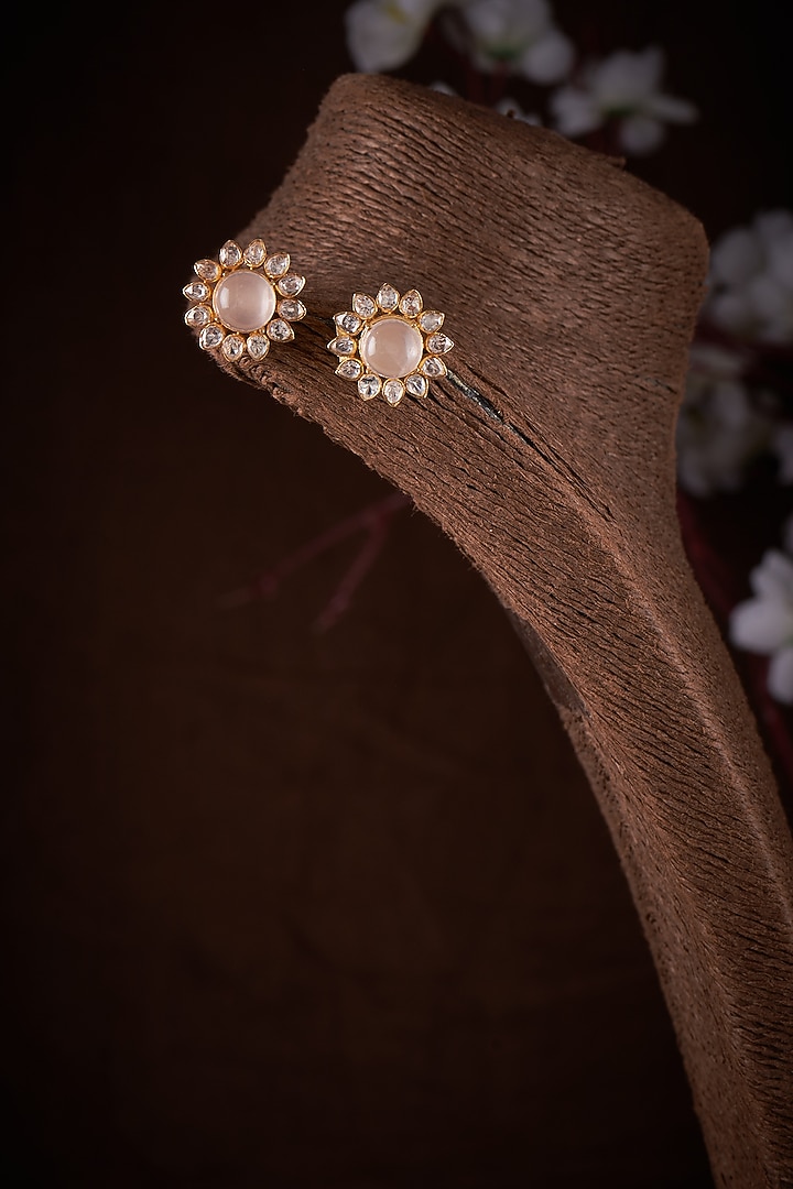 Gold Finish Moissanite Polki Stud Earrings In Sterling Silver by Hunar at Pernia's Pop Up Shop